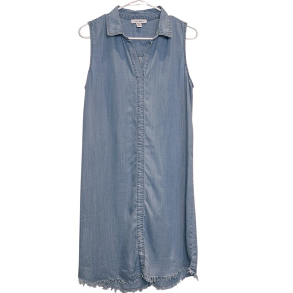 Pure Navy Chambray Sleeveless Shift Tunic Summer Dress with Frayed Hem Size L - Picture 1 of 12
